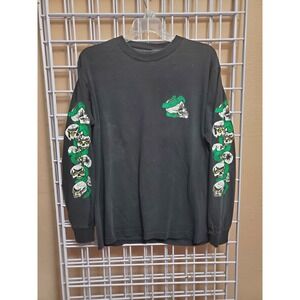 Black long sleeve with green and white skulls and snakes